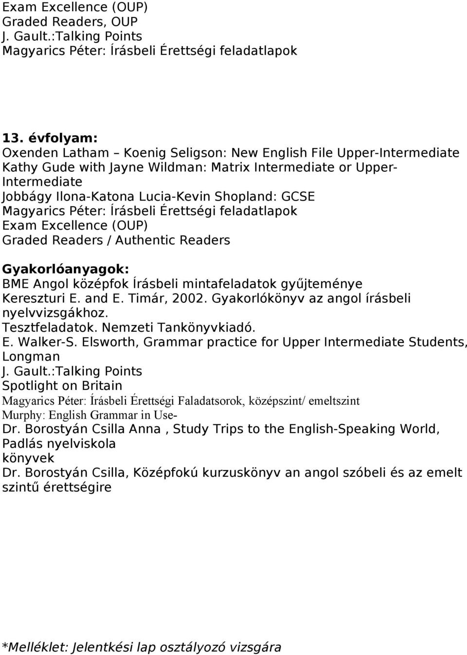 feladatlapok Exam Excellence (OUP) Graded Readers / Authentic Readers Gyakorlóanyagok: BME Angol középfok Írásbeli mintafeladatok gyűjteménye Kereszturi E. and E. Timár, 2002.