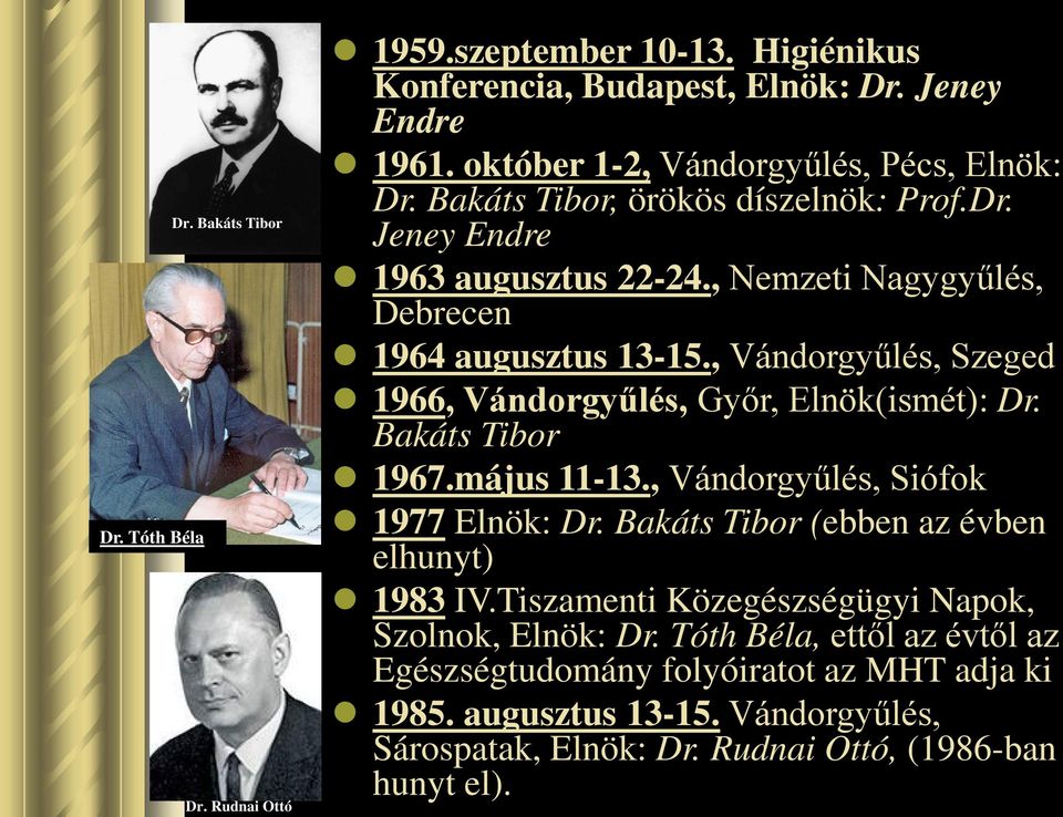 , Vándorgyűlés, Szeged 1966, Vándorgyűlés, Győr, Elnök(ismét): Dr. Bakáts Tibor 1967.május 11-13., Vándorgyűlés, Siófok 1977 Elnök: Dr.