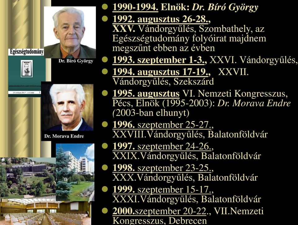 Vándorgyűlés, Szekszárd 1995. augusztus VI. Nemzeti Kongresszus, Pécs, Elnök (1995-2003): Dr. Morava Endre (2003-ban elhunyt) 1996. szeptember 25-27., XXVIII.