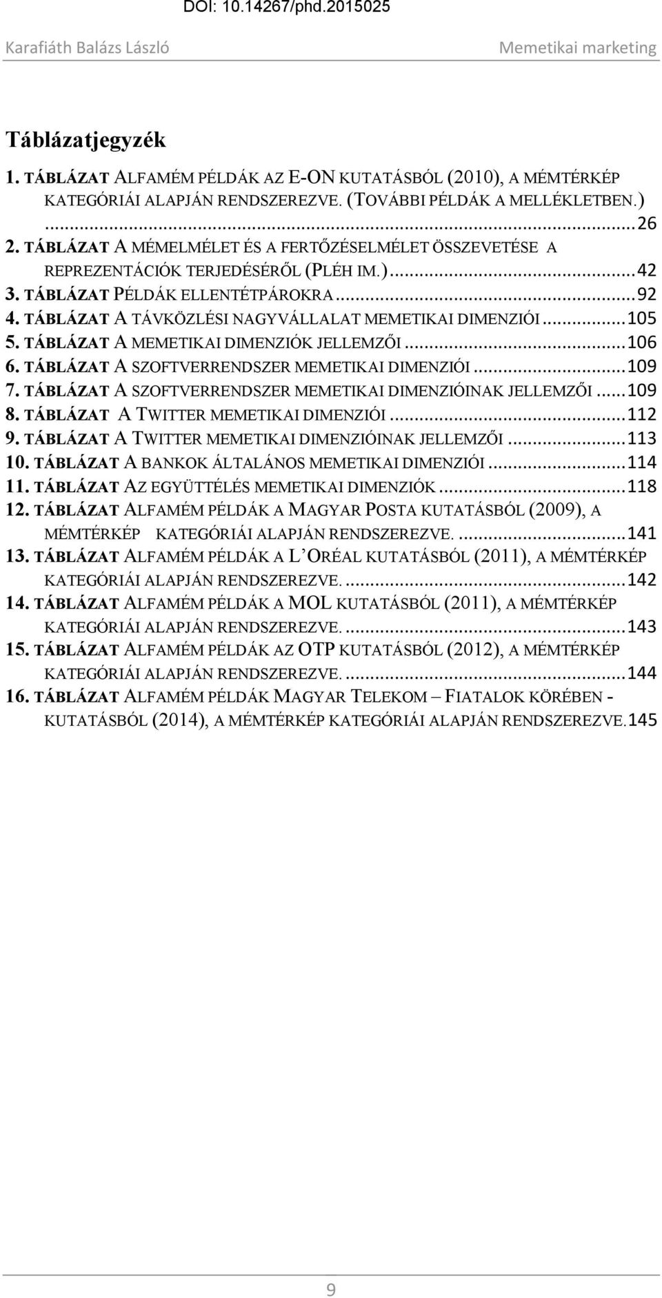 TÁBLÁZAT A TÁVKÖZLÉSI NAGYVÁLLALAT MEMETIKAI DIMENZIÓI... 105 5. TÁBLÁZAT A MEMETIKAI DIMENZIÓK JELLEMZŐI... 106 6. TÁBLÁZAT A SZOFTVERRENDSZER MEMETIKAI DIMENZIÓI... 109 7.