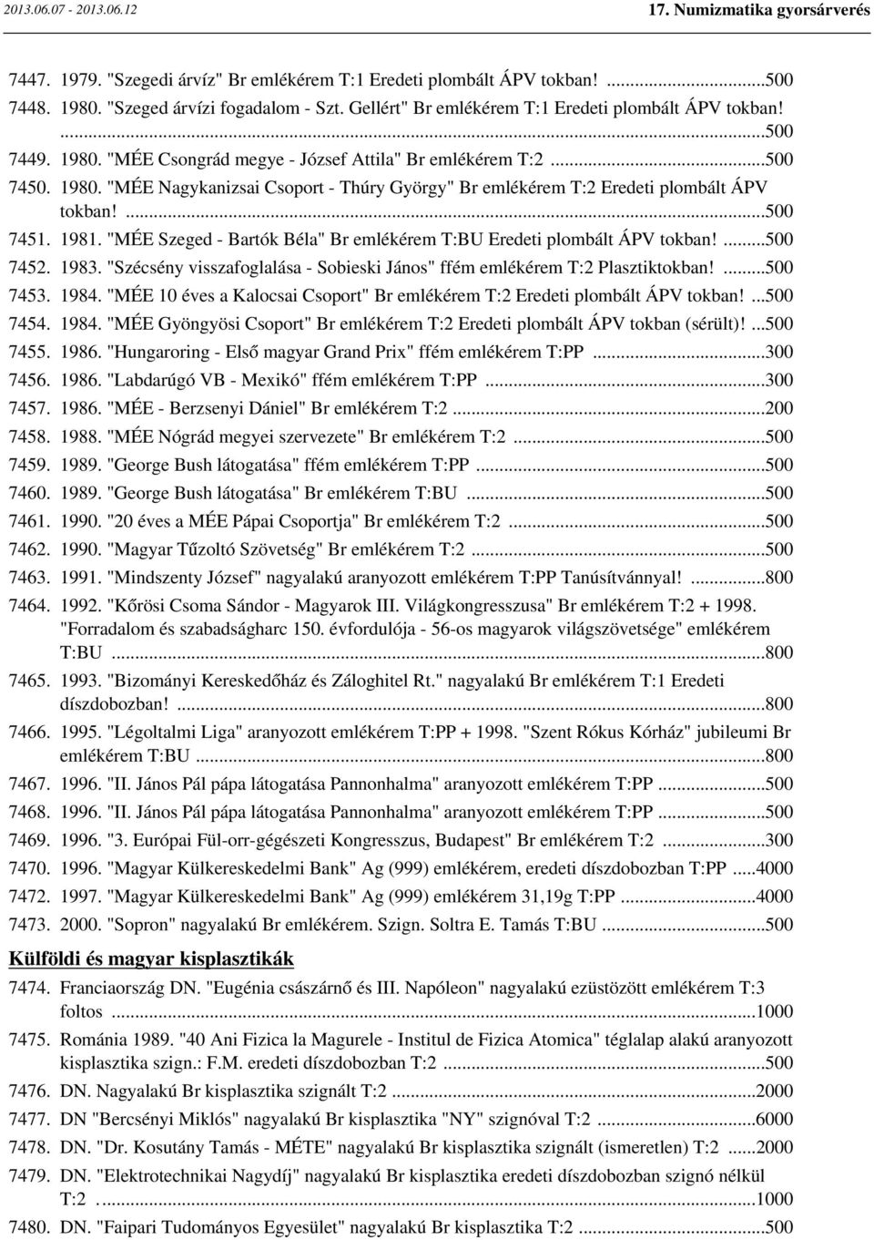 ...500 7452. 1983. "Szécsény visszafoglalása - Sobieski János" ffém emlékérem T:2 Plasztiktokban!...500 7453. 1984. "MÉE 10 éves a Kalocsai Csoport" Br emlékérem T:2 Eredeti plombált ÁPV tokban!