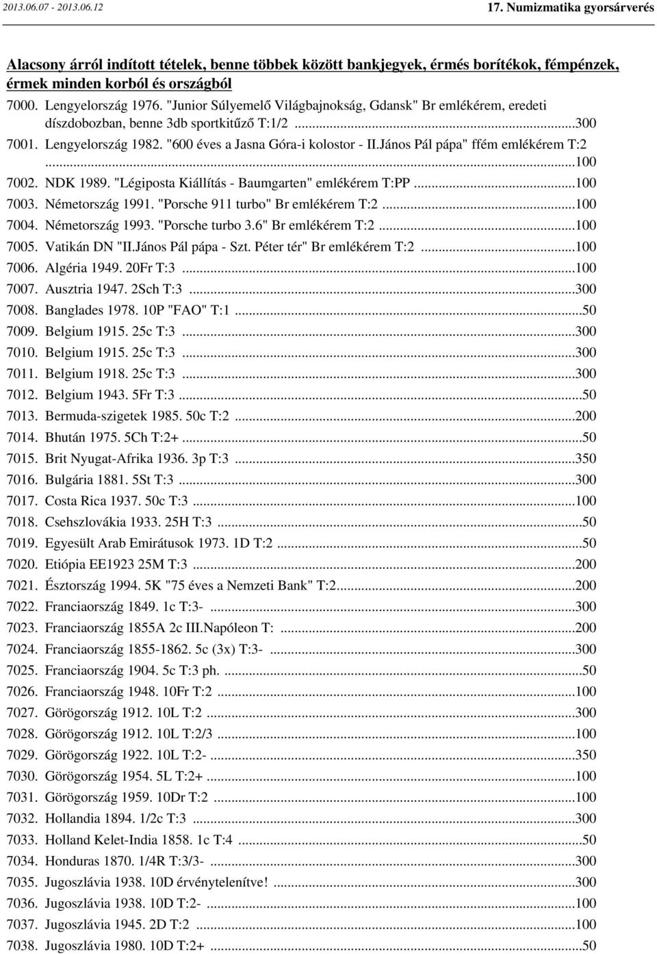 János Pál pápa" ffém emlékérem T:2...100 7002. NDK 1989. "Légiposta Kiállítás - Baumgarten" emlékérem T:PP...100 7003. Németország 1991. "Porsche 911 turbo" Br emlékérem T:2...100 7004.