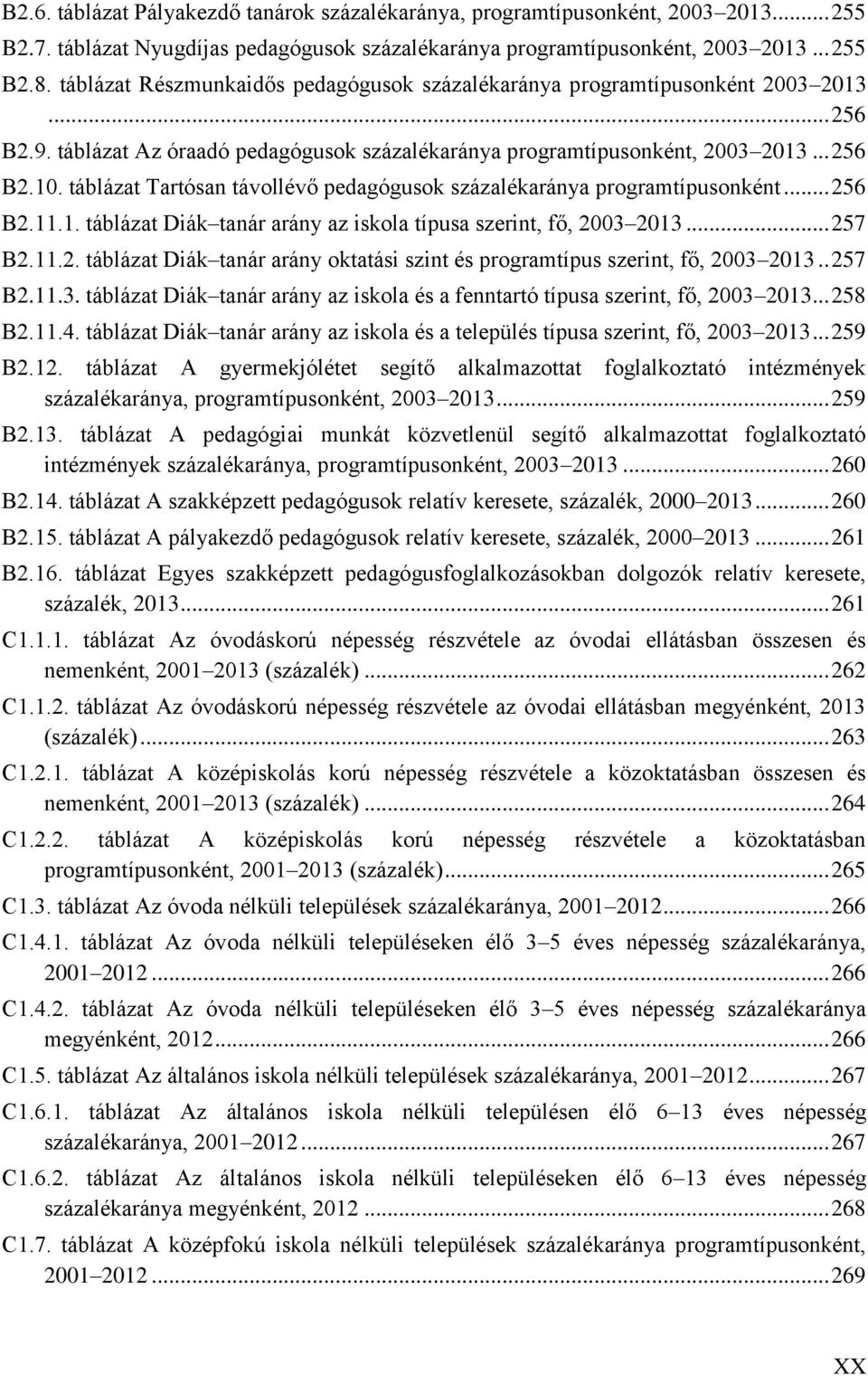 táblázat Tartósan távollévő pedagógusok százalékaránya programtípusonként... 256 B2.11.1. táblázat Diák tanár arány az iskola típusa szerint, fő, 2003 2013... 257 B2.11.2. táblázat Diák tanár arány oktatási szint és programtípus szerint, fő, 2003 2013.