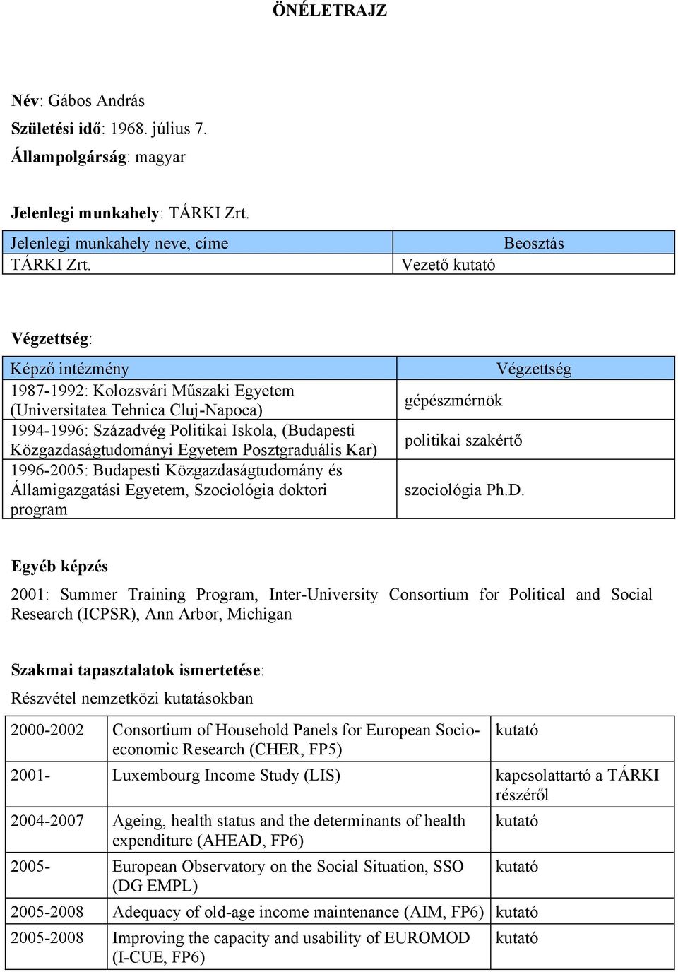 Posztgraduális Kar) 1996-2005: Budapesti Közgazdaságtudomány és Államigazgatási Egyetem, Szociológia doktori program Végzettség gépészmérnök politikai szakértő szociológia Ph.D.