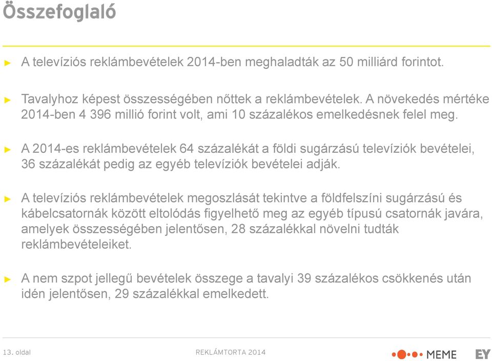 A 2014-es reklámbevételek 64 százalékát a földi sugárzású televíziók bevételei, 36 százalékát pedig az egyéb televíziók bevételei adják.