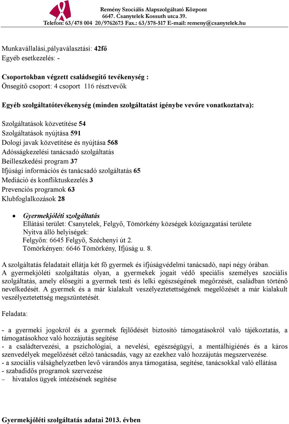 Ifjúsági információs és tanácsadó szolgáltatás 65 Mediáció és konfliktuskezelés 3 Prevenciós programok 63 Klubfoglalkozások 28 Gyermekjóléti szolgáltatás Ellátási terület: Csanytelek, Felgyő,