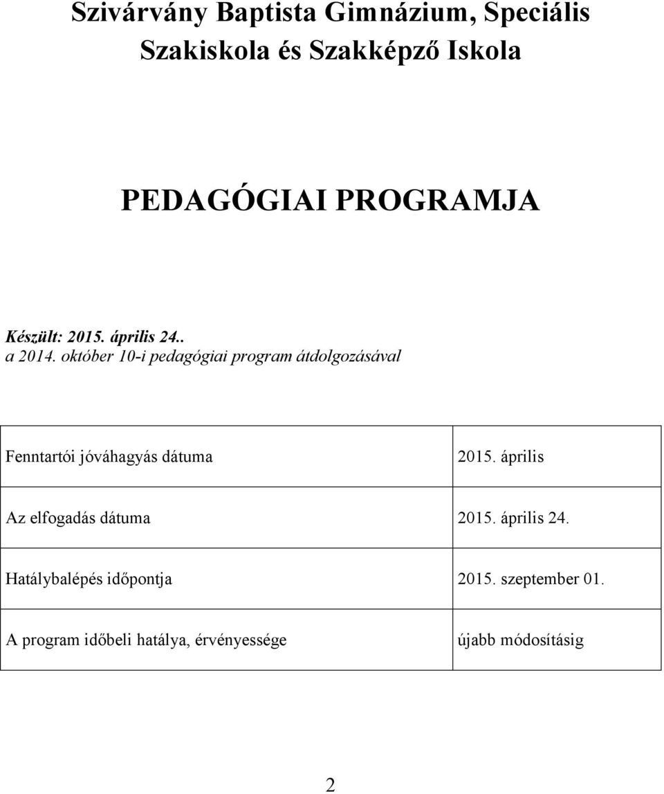 október 10i pedagógiai program átdolgozásával Fenntartói jóváhagyás dátuma 2015.