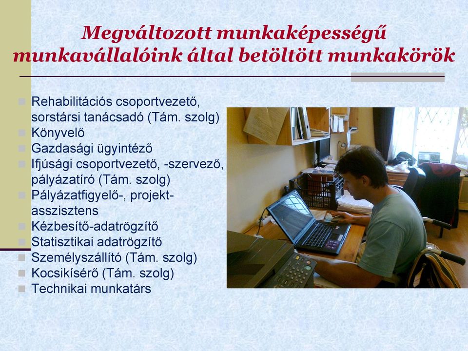 szolg) Könyvelő Gazdasági ügyintéző Ifjúsági csoportvezető, -szervező, pályázatíró (Tám.