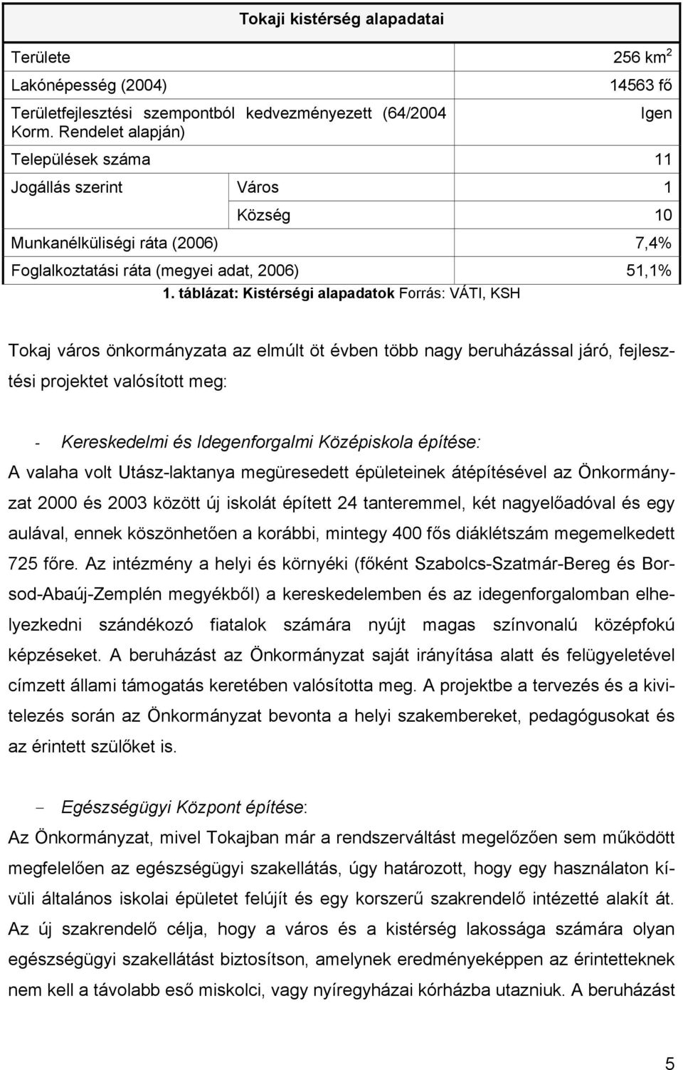 táblázat: Kistérségi alapadatok Forrás: VÁTI, KSH Tokaj város önkormányzata az elmúlt öt évben több nagy beruházással járó, fejlesztési projektet valósított meg: - Kereskedelmi és Idegenforgalmi