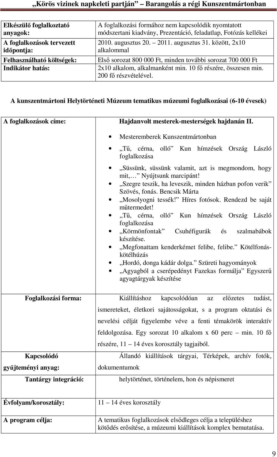 A kunszentmártoni Helytörténeti Múzeum tematikus múzeumi foglalkozásai (6-10 évesek) A foglalkozások címe: Hajdanvolt mesterek-mesterségek hajdanán II.