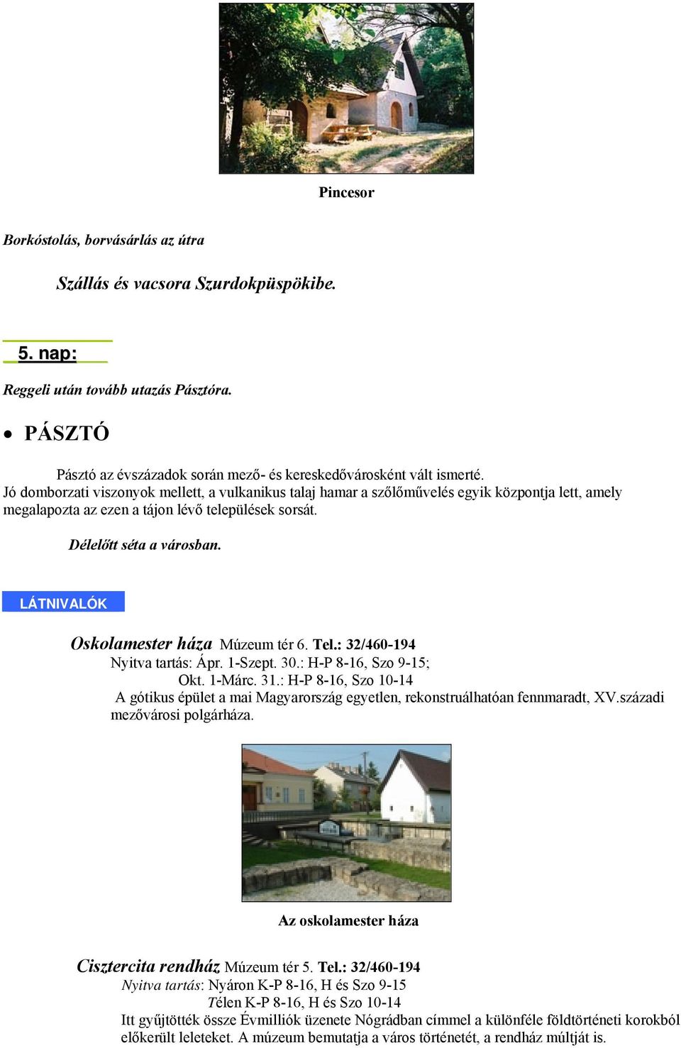 Oskolamester háza Múzeum tér 6. Tel.: 32/460-194 Nyitva tartás: Ápr. 1-Szept. 30.: H-P 8-16, Szo 9-15; Okt. 1-Márc. 31.