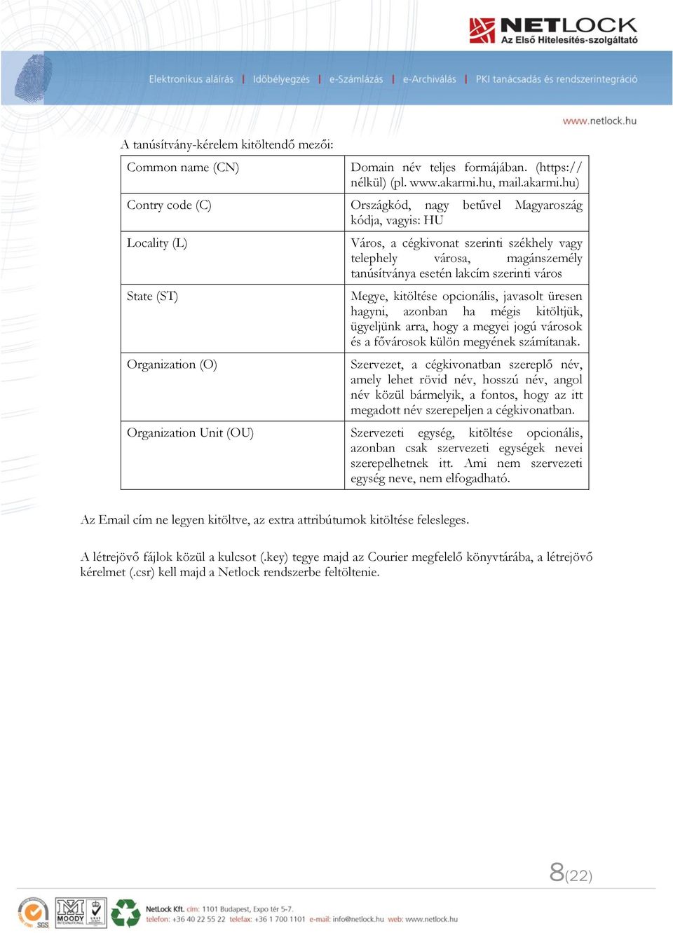 hu) Contry code (C) Országkód, nagy betűvel Magyaroszág kódja, vagyis: HU Locality (L) State (ST) Organization (O) Város, a cégkivonat szerinti székhely vagy telephely városa, magánszemély