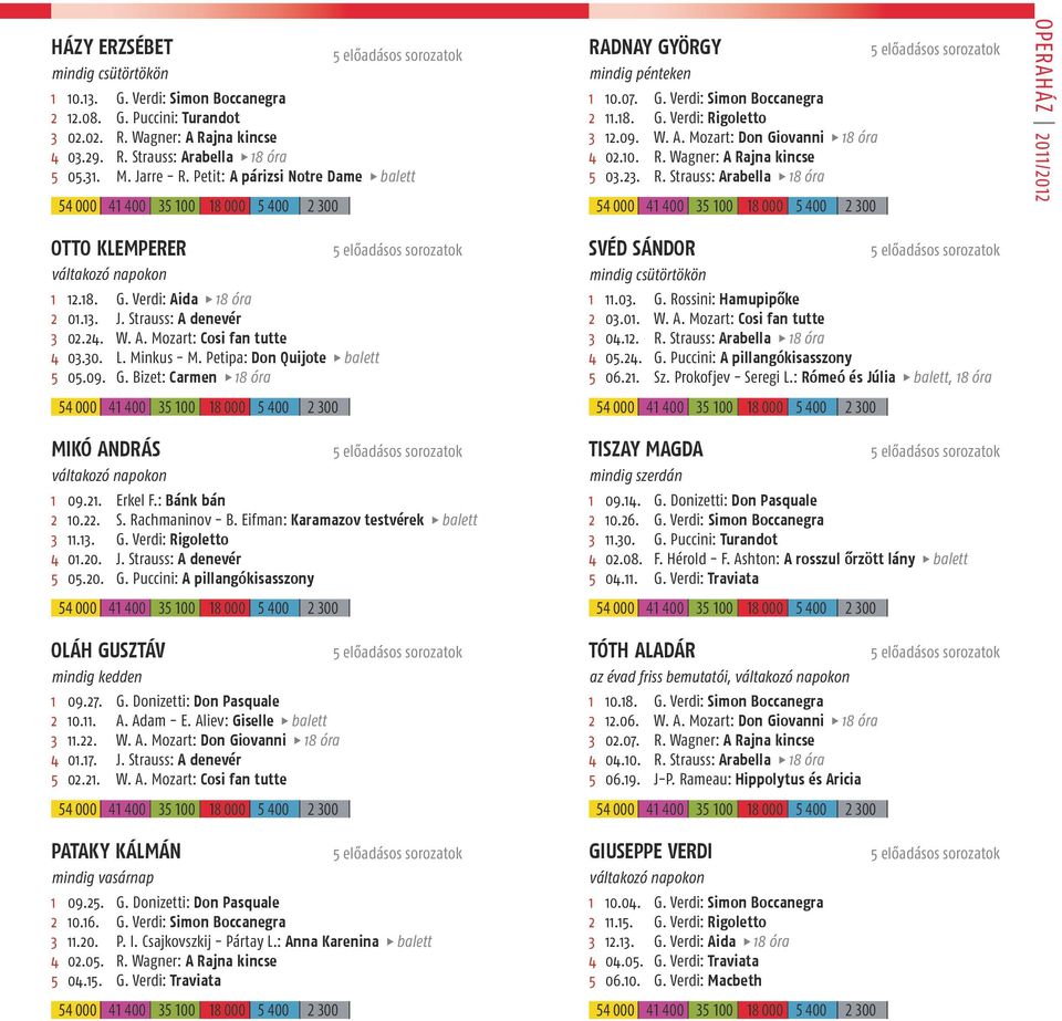 Petipa: Don Quijote balett 5 05.09. G. Bizet: Carmen 18 óra MIKÓ ANDRÁS 1 09.21. Erkel F.: Bánk bán 2 10.22. S. Rachmaninov - B. Eifman: Karamazov testvérek balett 3 11.13. G. Verdi: Rigoletto 4 01.