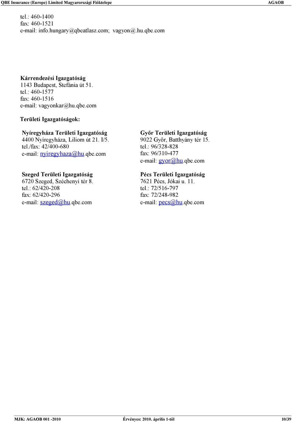 /fax: 42/400-680 e-mail: nyiregyhaza@hu.qbe.com Szeged Területi Igazgatóság 6720 Szeged, Széchenyi tér 8. tel.: 62/420-208 fax: 62/420-296 e-mail: szeged@hu.qbe.com Győr Területi Igazgatóság 9022 Győr, Batthyány tér 15.