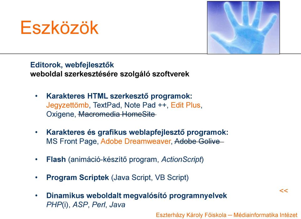 weblapfejlesztő programok: MS Front Page, Adobe Dreamweaver, Adobe Golive Flash (animáció-készítő program,