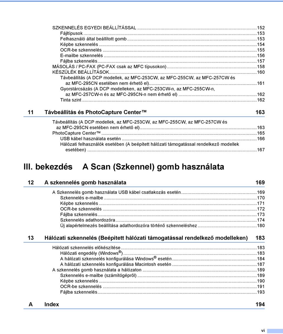 ..161 Gyorstárcsázás (A DCP modelleken, az MFC-253CW-n, az MFC-255CW-n, az MFC-257CW-n és az MFC-295CN-n nem érhető el)...162 Tinta szint.