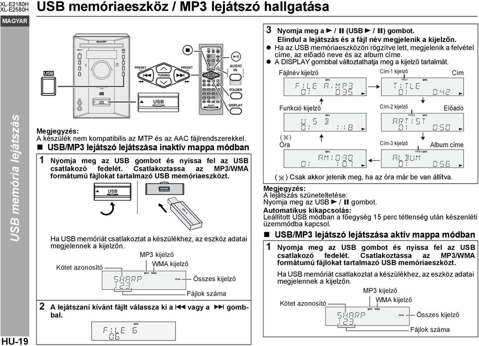 Fájlnév kijelző Cím-1 kijelző Cím Funkció kijelző Cím-2 kijelző Előadó USB memória lejátszás Megjegyzés: A készülék nem kompatibilis az MTP és az AAC fájlrendszerekkel.