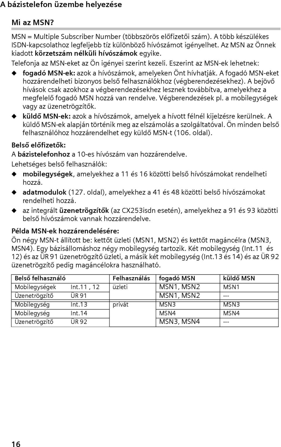 A fogadó MSN-eket hozzárendelhet bzonyos belső felhasználókhoz (végberendezésekhez).