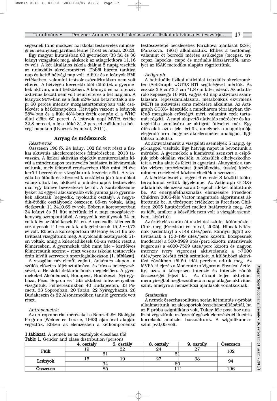 Egy magyar kutatásban 63 gyermeket (33 fiú és 30 leány) vizsgáltak meg, akiknek az átlagéletkora 11,16 év volt. A két általános iskola diákjai 5 napig viselték az uniaxiális akcelerométert.