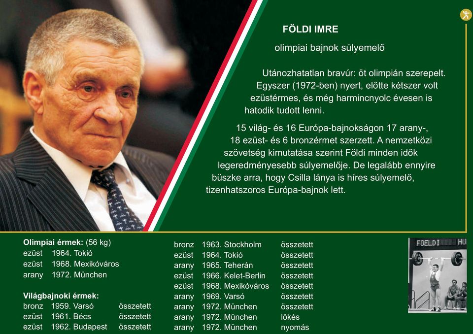 De legalább ennyire büszke arra, hogy Csilla lánya is híres súlyemelő, tizenhatszoros Európa-bajnok lett. Olimpiai érmek: (56 kg) ezüst 1964. Tokió ezüst 1968. Mexikóváros arany 1972.