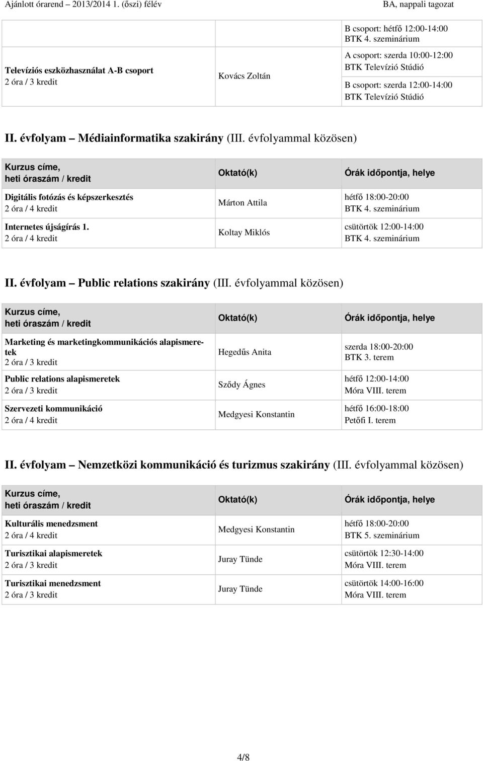 évfolyammal közösen) Marketing és marketingkommunikációs alapismeretek Public relations alapismeretek Szervezeti kommunikáció Hegedűs Anita Sződy Ágnes szerda 18:00-20:00 BTK 3.