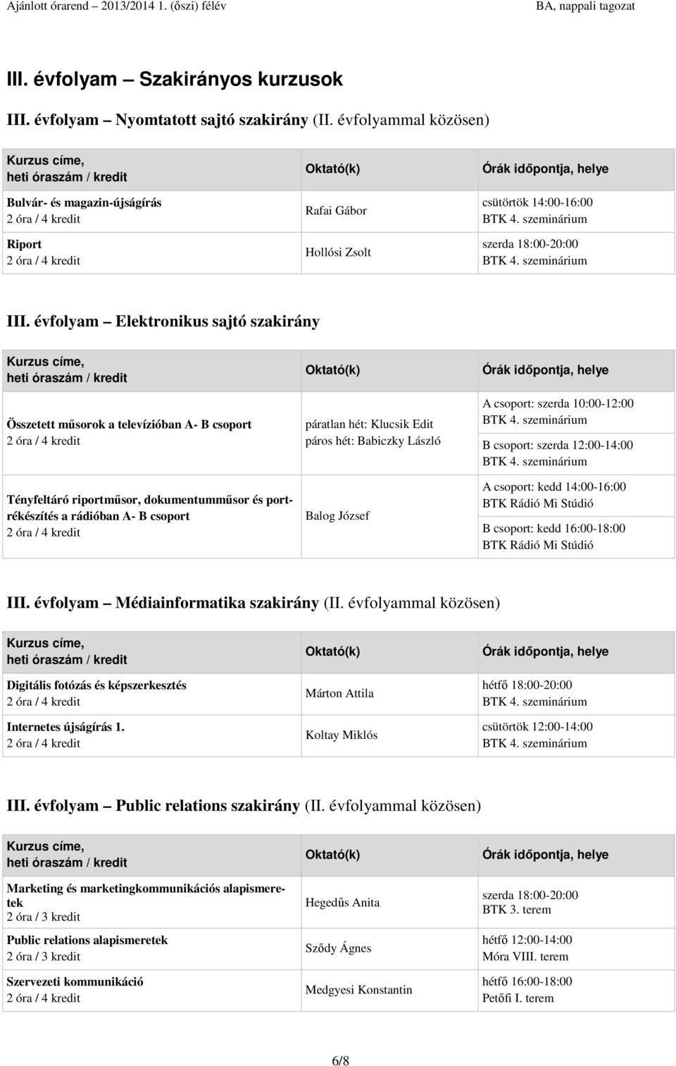 hét: Babiczky László Balog József A csoport: szerda 10:00-12:00 B csoport: szerda 12:00-14:00 A csoport: kedd 14:00-16:00 BTK Rádió Mi Stúdió B csoport: kedd 16:00-18:00 BTK Rádió Mi Stúdió III.