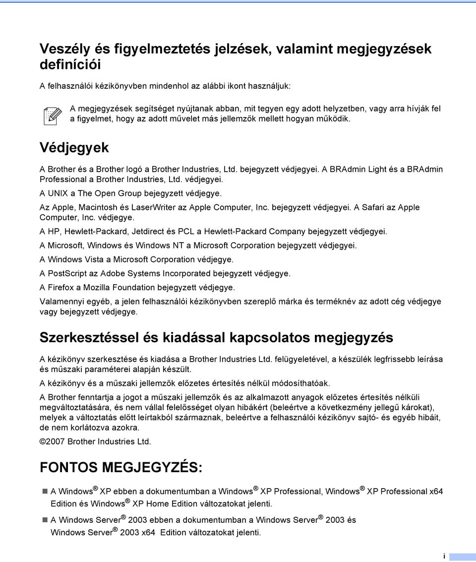 A BRAdmin Light és a BRAdmin Professional a Brother Industries, Ltd. védjegyei. A UNIX a The Open Group bejegyzett védjegye. Az Apple, Macintosh és LaserWriter az Apple Computer, Inc.