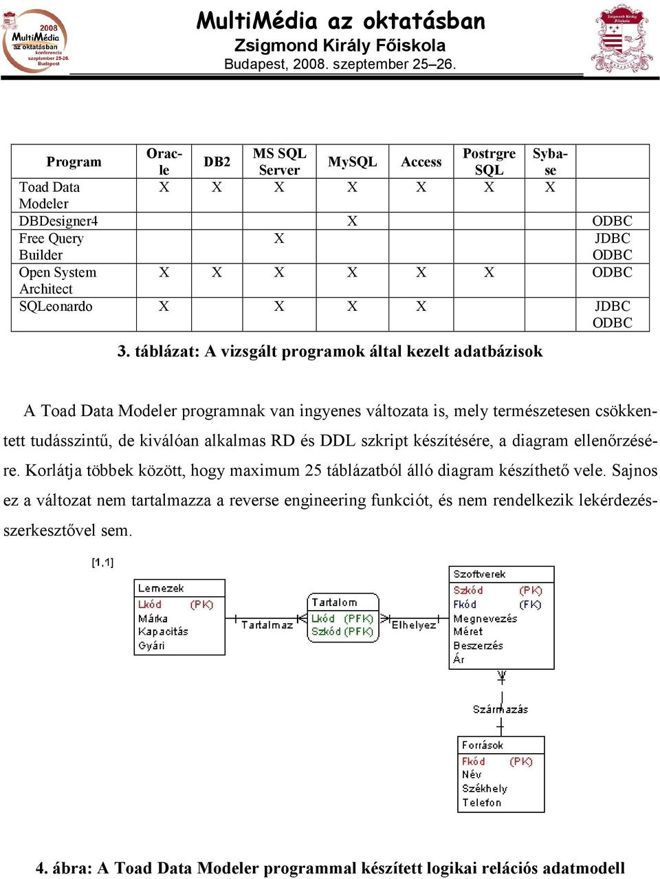 táblázat: A vizsgált programok által kezelt adatbázisok A Toad Data Modeler programnak van ingyenes változata is, mely természetesen csökkentett tudásszintő, de kiválóan alkalmas RD