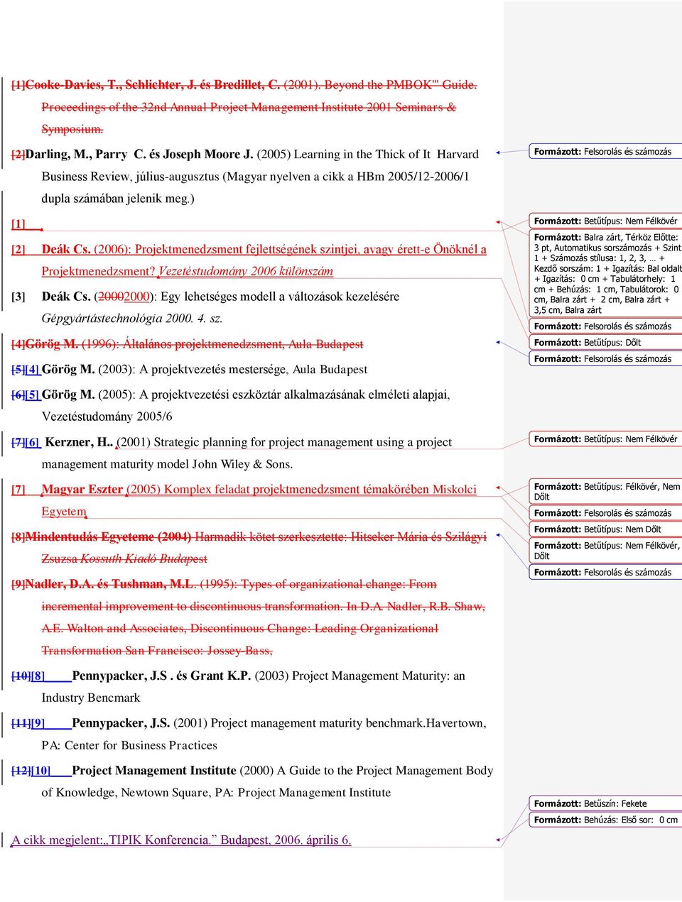 (2006): Projektmenedzsment fejlettségének szintjei, avagy érett-e Önöknél a Projektmenedzsment? Vezetéstudomány 2006 különszám [3] Deák Cs.