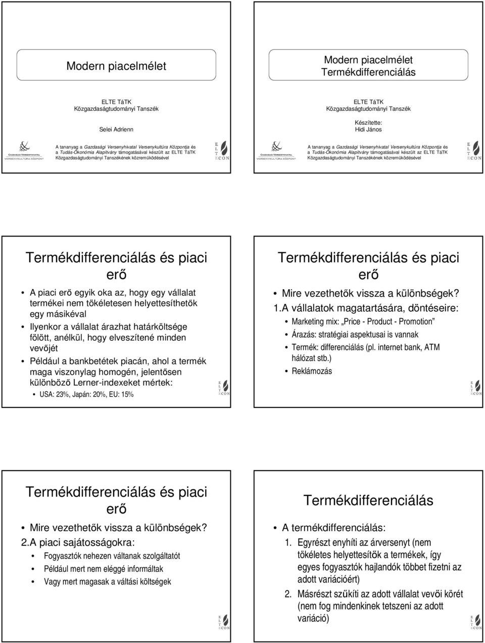 ELTE TáTK Közgazdaágtudomáy Tazékéek közreműködéével Termékdfferecálá é ac erő A ac erő egyk oka az hogy egy vállalat terméke em tökéletee helyetteíthetők egy mákéval Ilyekor a vállalat árazt