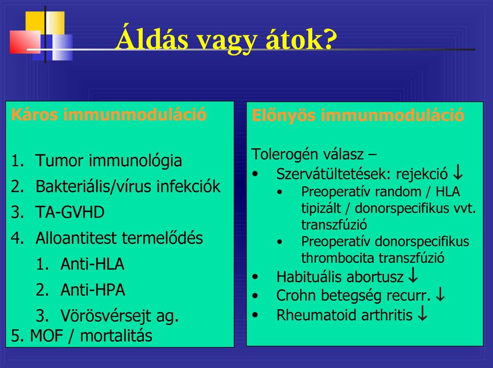 MOF / mortalitás Előnyös immunmoduláció Tolerogén válasz Szervátültetések: rejekció Preoperatív random / HLA
