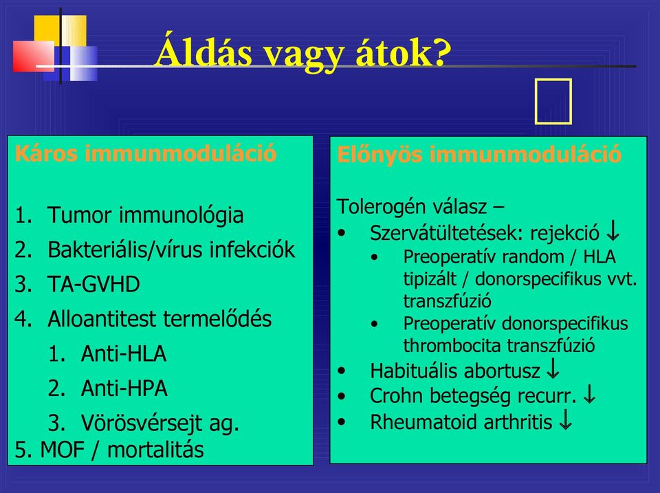 MOF / mortalitás Előnyös immunmoduláció Tolerogén válasz Szervátültetések: rejekció Preoperatív random / HLA