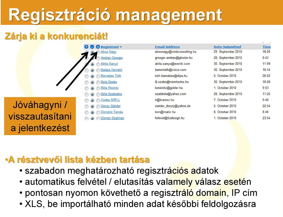 szabadon meghatározható regisztrációs adatok automatikus felvétel / elutasítás