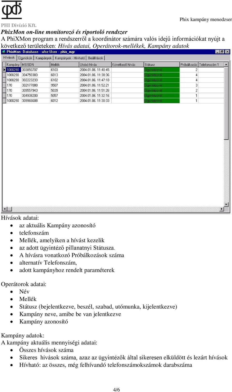 A hívásra vonatkozó Próbálkozások száma alternatív Telefonszám, adott kampányhoz rendelt paraméterek Operátorok adatai: Név Mellék Státusz (bejelentkezve, beszél, szabad, utómunka, kijelentkezve)