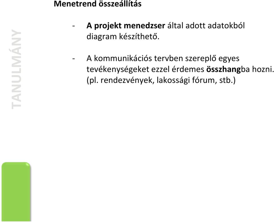 A kommunikációs tervben szereplő egyes tevékenységeket