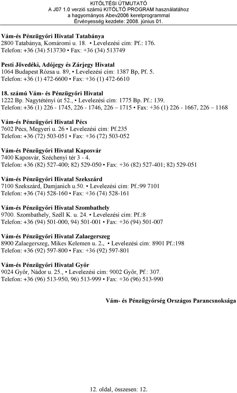 számú Vám- és Pénzügyőri Hivatal 1222 Bp. Nagytétényi út 52., Levelezési cím: 1775 Bp. Pf.: 139.