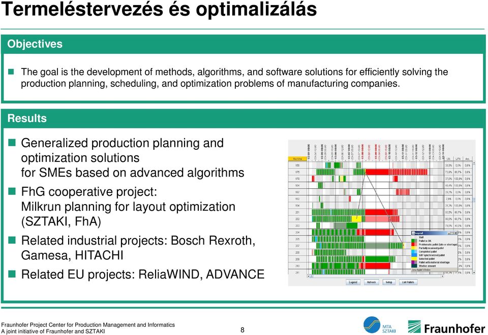 Results Generalized production planning and optimization solutions for SMEs based on advanced algorithms FhG cooperative project: