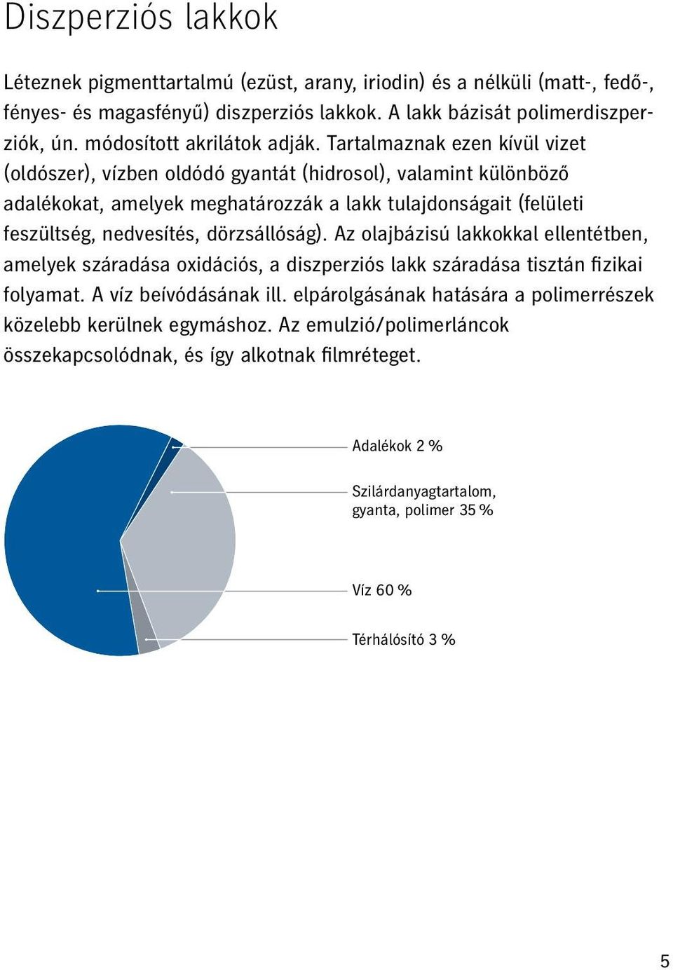 Tartalmaznak ezen kívül vizet (oldószer), vízben oldódó gyantát (hidrosol), valamint különböző adalékokat, amelyek meghatározzák a lakk tulajdonságait (felületi feszültség, nedvesítés,