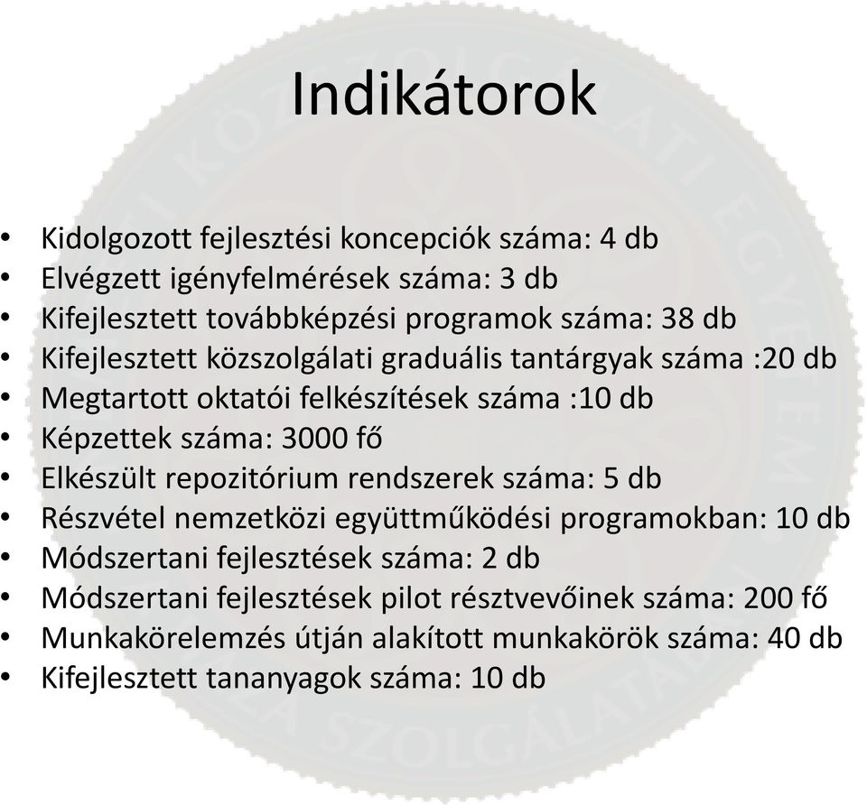 Elkészült repozitórium rendszerek száma: 5 db Részvétel nemzetközi együttműködési programokban: 10 db Módszertani fejlesztések száma: 2 db