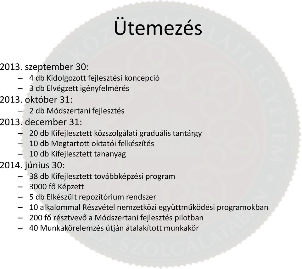 december 31: 20 db Kifejlesztett közszolgálati graduális tantárgy 10 db Megtartott oktatói felkészítés 10 db Kifejlesztett tananyag 2014.