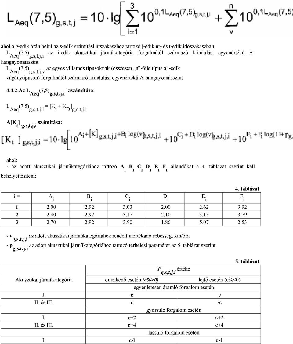 4.2 Az L Aeq (7,5) g,s,t,j,i kiszámítása: L Aeq (7,5) g,s,t,j,i = [K t + K D ] g,s,t,j,i A[K t ] g,s,t,j,i számítása: ahol: - az adott akusztikai jármőkategóriához tartozó A i B i C i D i E i F i