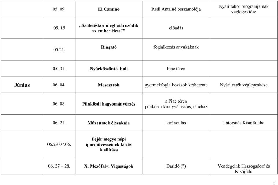 Mesesarok gyermekfoglalkozások kéthetente Nyári esték véglegesítése 06. 08.