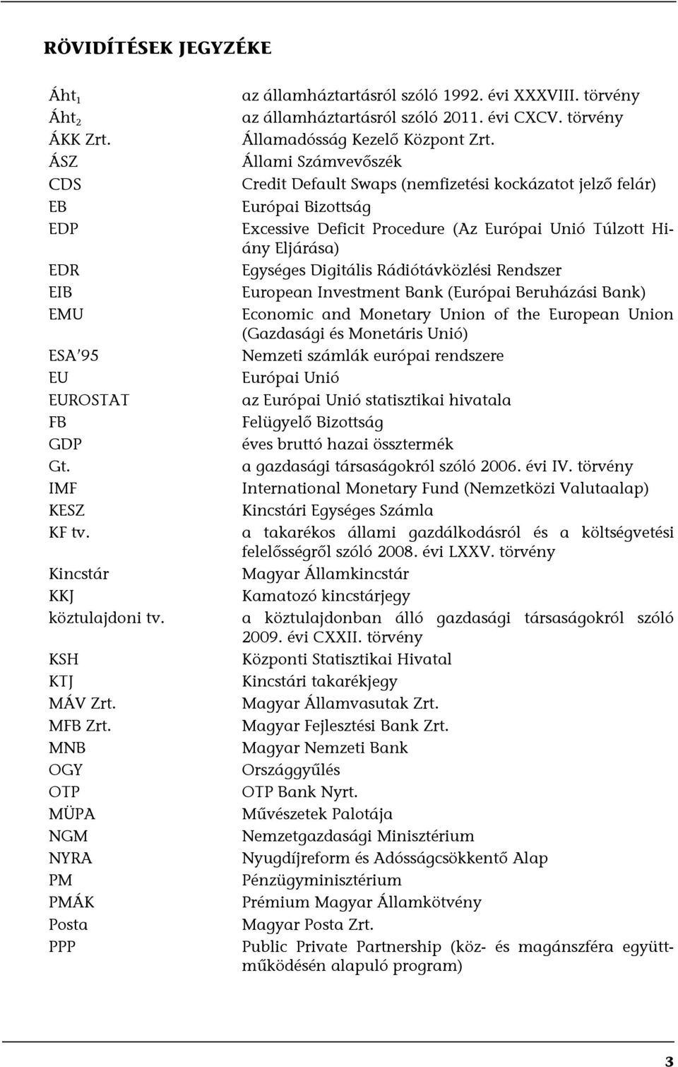 Állami Számvevőszék Credit Default Swaps (nemfizetési kockázatot jelző felár) Európai Bizottság Excessive Deficit Procedure (Az Európai Unió Túlzott Hiány Eljárása) Egységes Digitális Rádiótávközlési