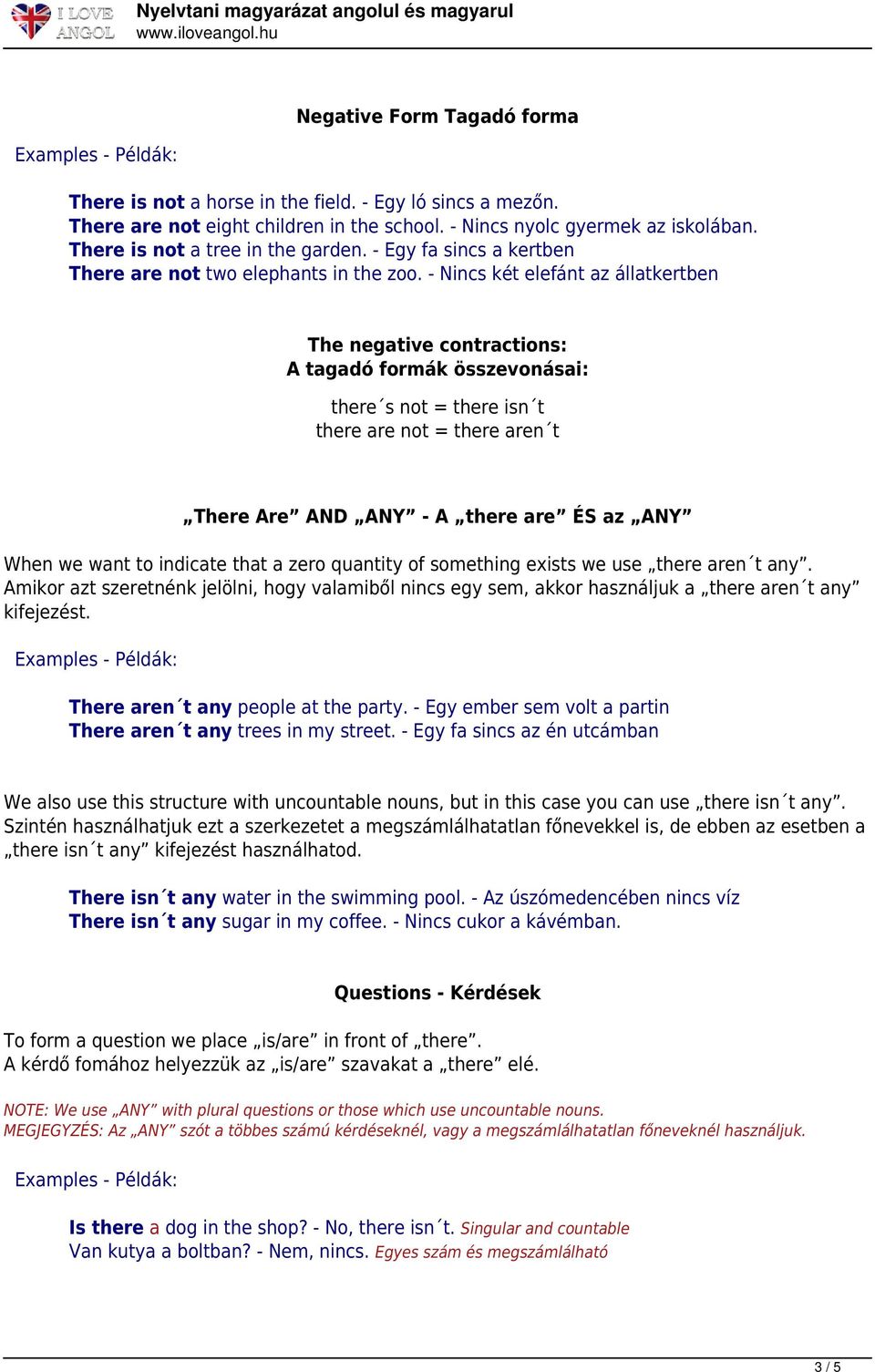 - Nincs két elefánt az állatkertben The negative contractions: A tagadó formák összevonásai: there s not = there isn t there are not = there aren t There Are AND ANY - A there are ÉS az ANY When we