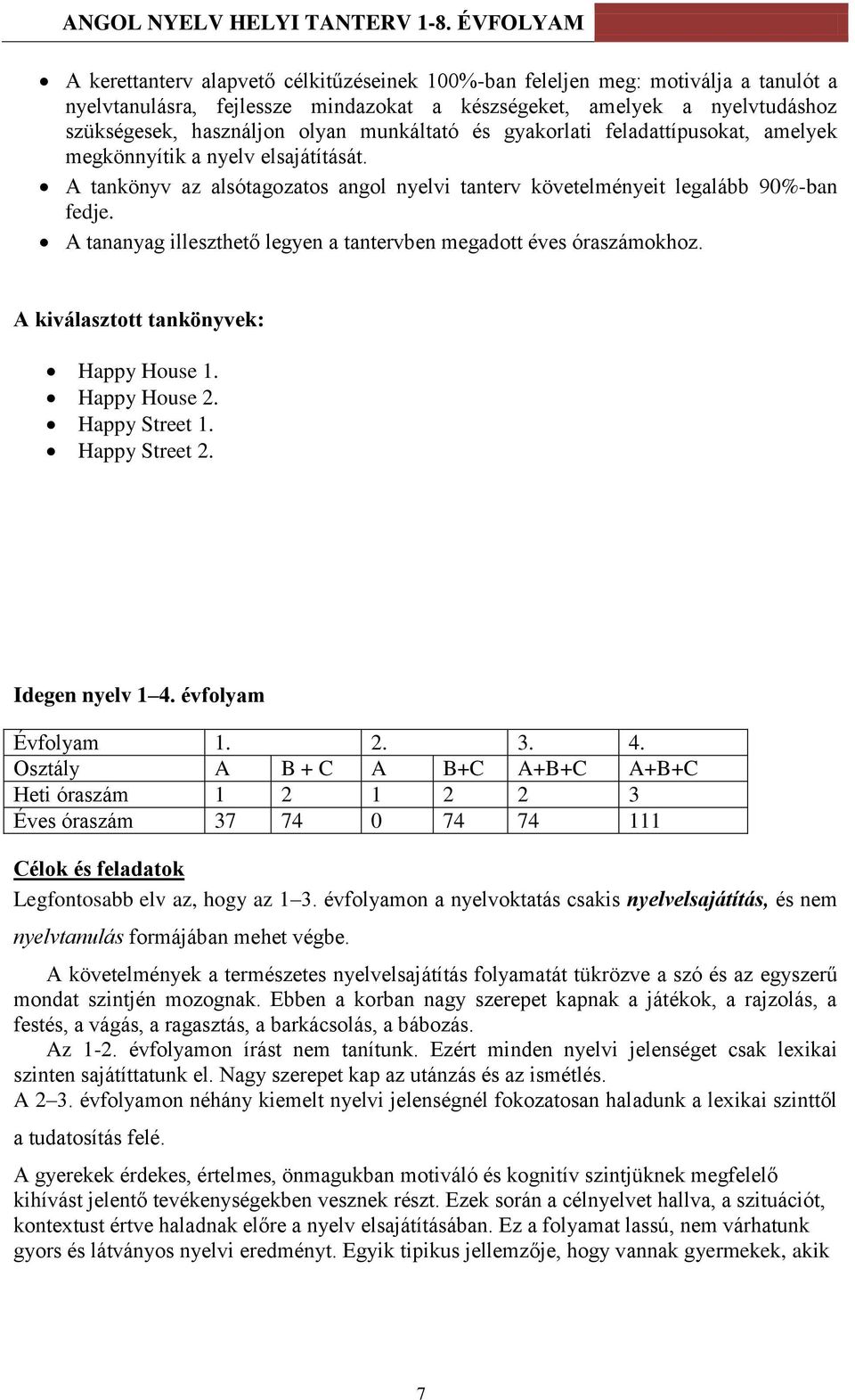 A tananyag illeszthető legyen a tantervben megadott éves óraszámokhoz. A kiválasztott tankönyvek: Happy House 1. Happy House 2. Happy Street 1. Happy Street 2. Idegen nyelv 1 4. évfolyam Évfolyam 1.