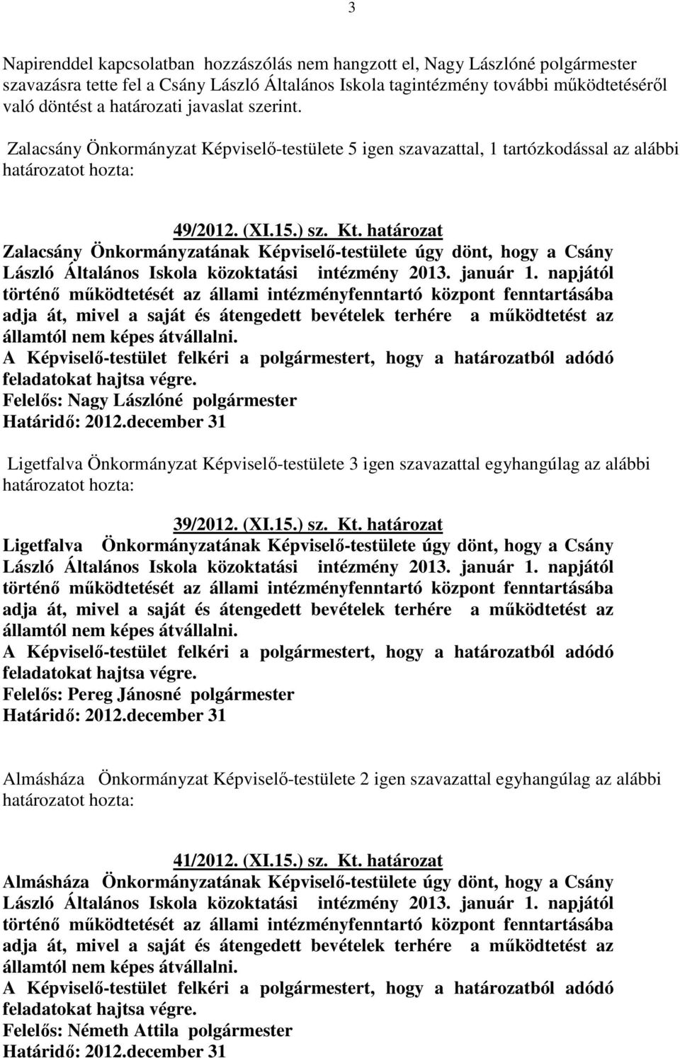 határozat Zalacsány Önkormányzatának Képviselő-testülete úgy dönt, hogy a Csány László Általános Iskola közoktatási intézmény 2013. január 1.