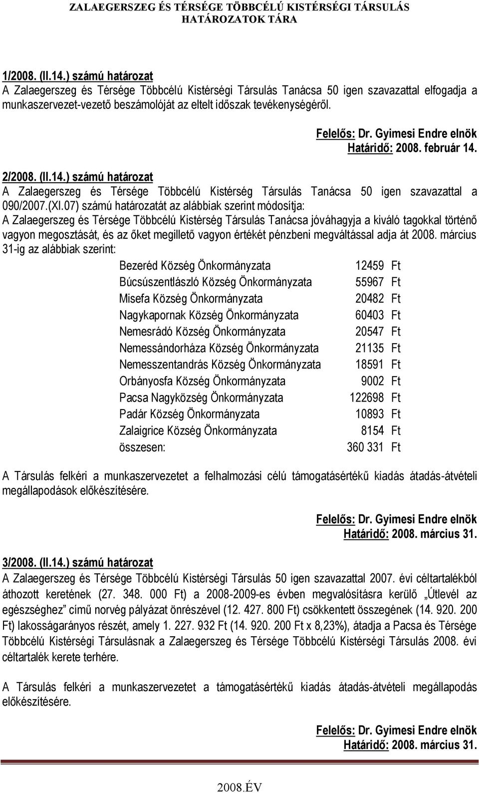 07) számú határozatát az alábbiak szerint módosítja: A Zalaegerszeg és Térsége Többcélú Kistérség Társulás Tanácsa jóváhagyja a kiváló tagokkal történő vagyon megosztását, és az őket megillető vagyon