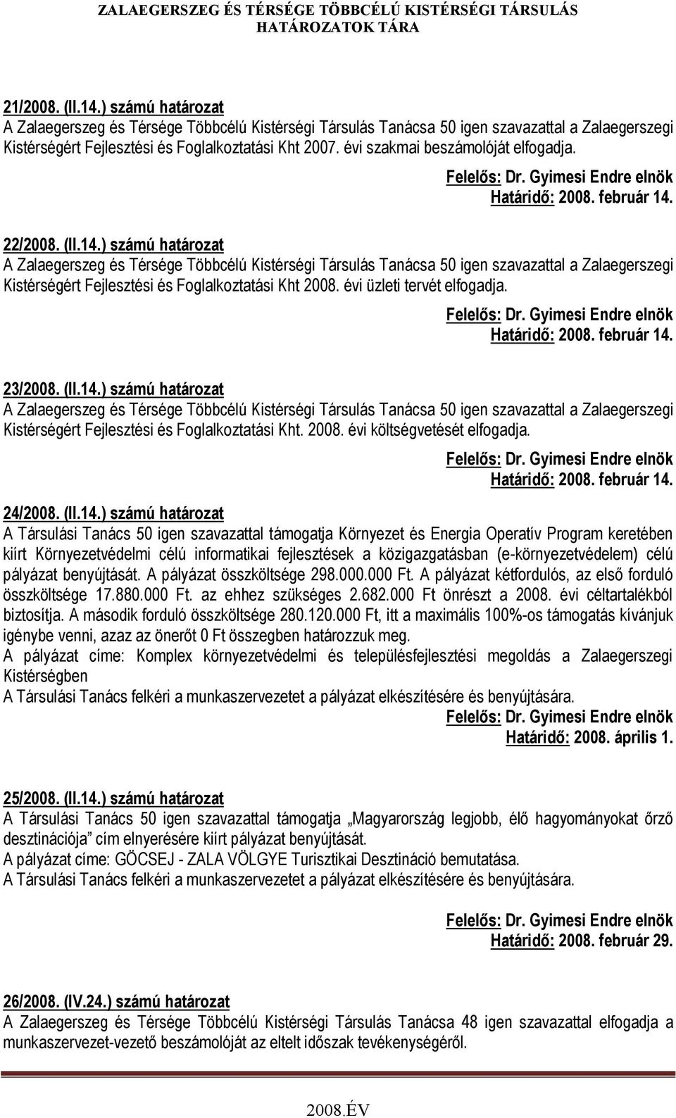 22/2008. (II.14.) számú határozat A Zalaegerszeg és Térsége Többcélú Kistérségi Társulás Tanácsa 50 igen szavazattal a Zalaegerszegi Kistérségért Fejlesztési és Foglalkoztatási Kht 2008.