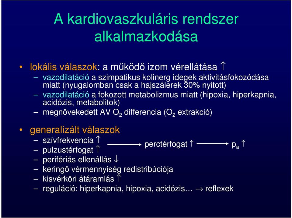 hiperkapnia, acidózis, metabolitok) megnövekedett AV O 2 differencia (O 2 extrakció) generalizált válaszok szívfrekvencia