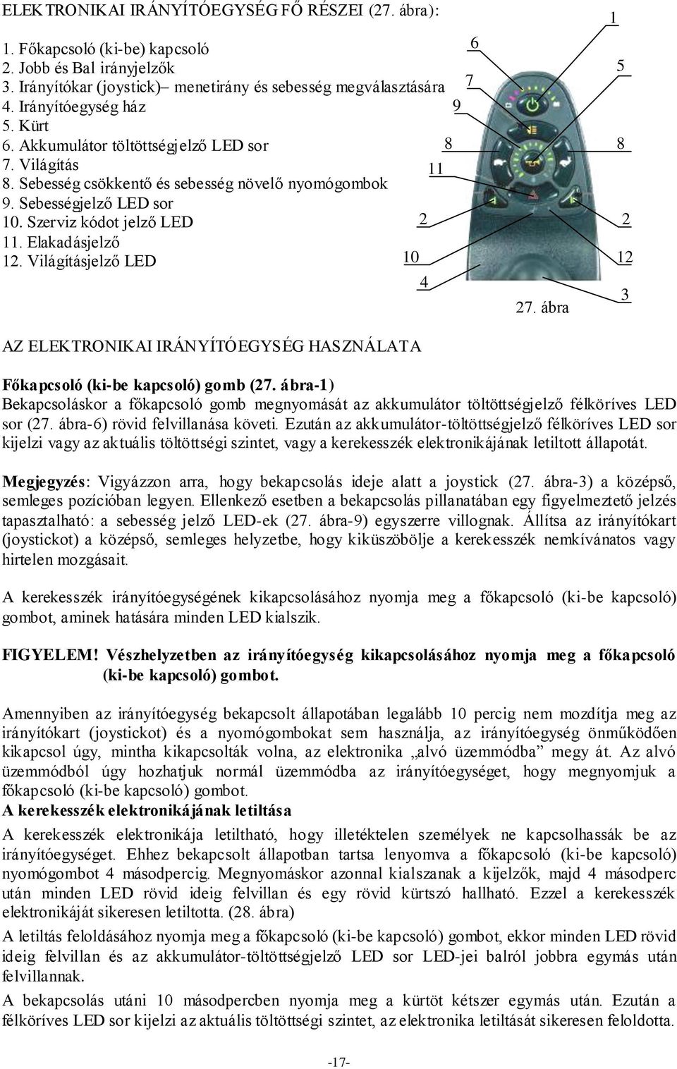 Világításjelző LED 10 4 AZ ELEKTRONIKAI IRÁNYÍTÓEGYSÉG HASZNÁLATA 7 6 27. ábra 1 5 8 2 12 3 Főkapcsoló (ki-be kapcsoló) gomb (27.